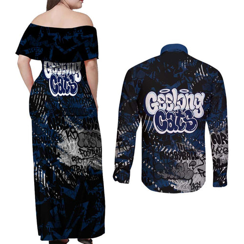 Geelong Cats Couples Matching Off Shoulder Maxi Dress and Long Sleeve Button Shirt Urban Graffiti Street Art - Bold Abstract Spray Paint