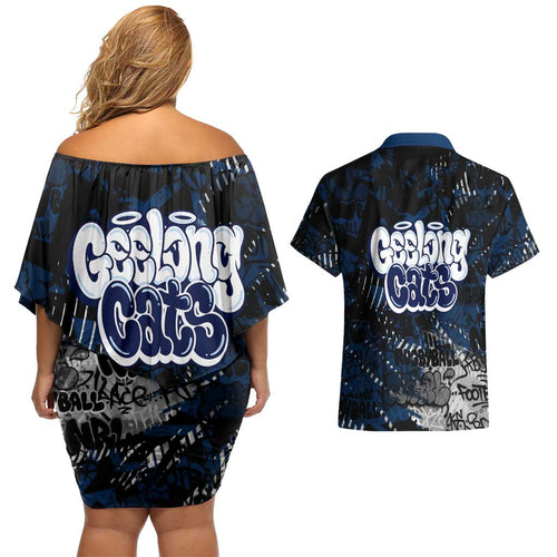 Geelong Cats Couples Matching Off Shoulder Short Dress and Hawaiian Shirt Urban Graffiti Street Art - Bold Abstract Spray Paint