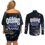 Geelong Cats Couples Matching Off Shoulder Short Dress and Long Sleeve Button Shirt Urban Graffiti Street Art - Bold Abstract Spray Paint