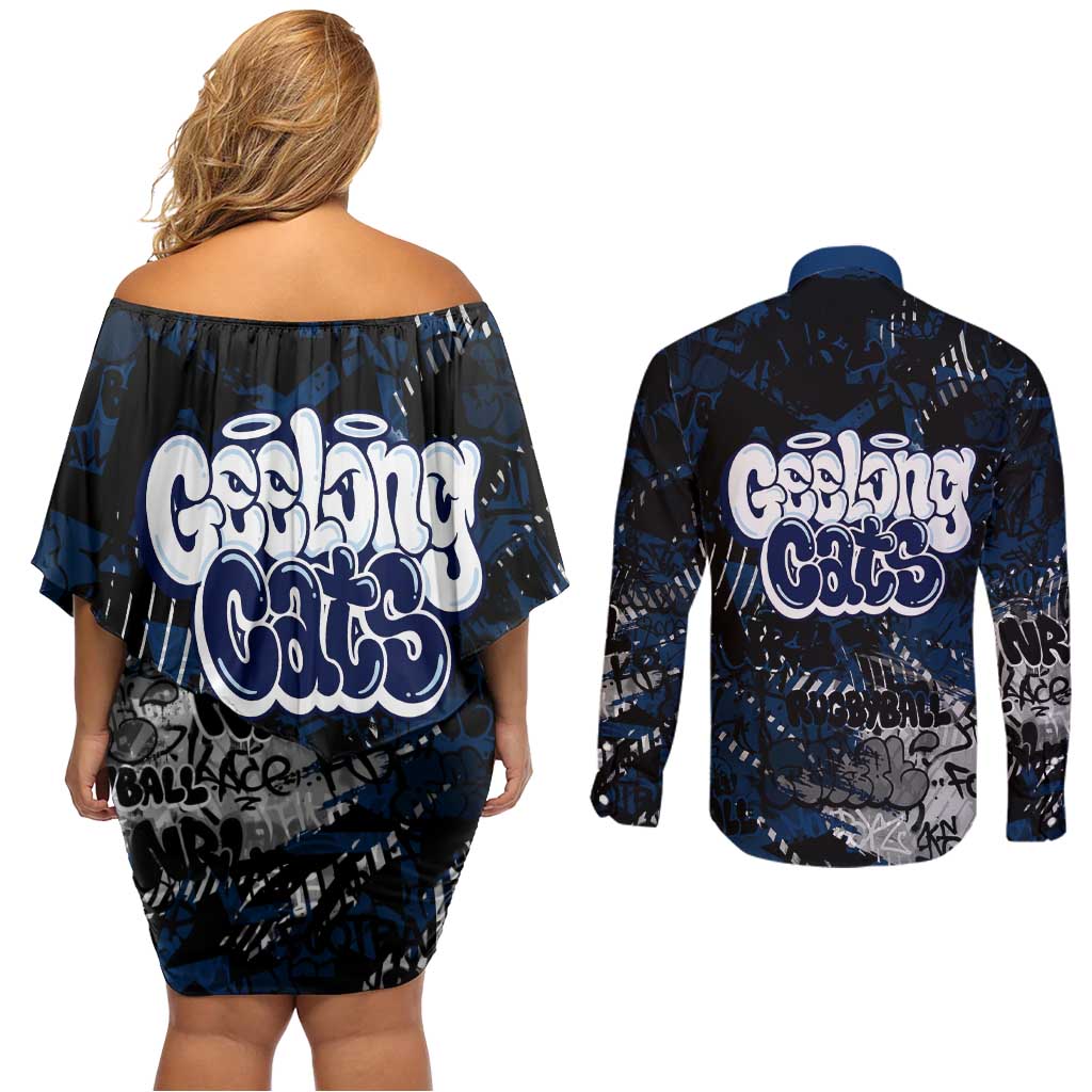 Geelong Cats Couples Matching Off Shoulder Short Dress and Long Sleeve Button Shirt Urban Graffiti Street Art - Bold Abstract Spray Paint