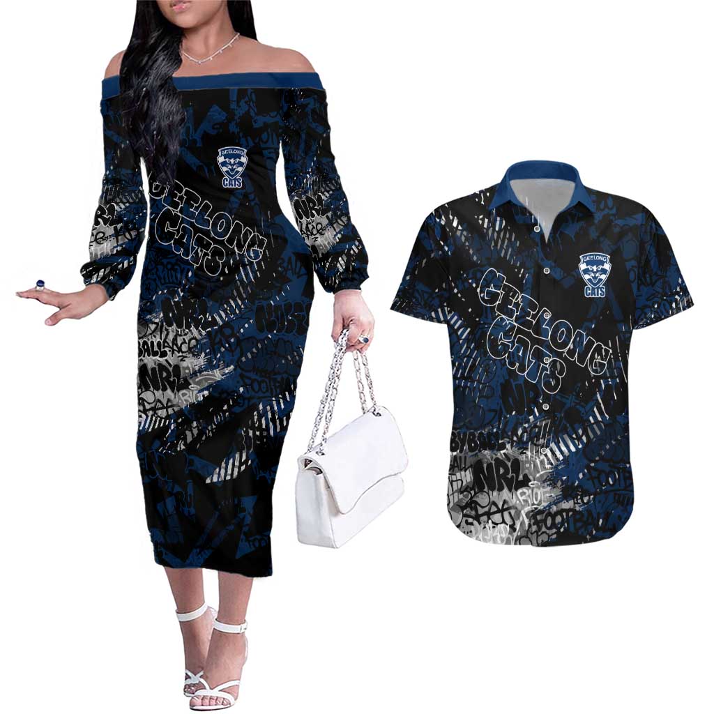 Geelong Cats Couples Matching Off The Shoulder Long Sleeve Dress and Hawaiian Shirt Urban Graffiti Street Art - Bold Abstract Spray Paint