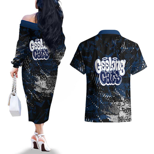 Geelong Cats Couples Matching Off The Shoulder Long Sleeve Dress and Hawaiian Shirt Urban Graffiti Street Art - Bold Abstract Spray Paint