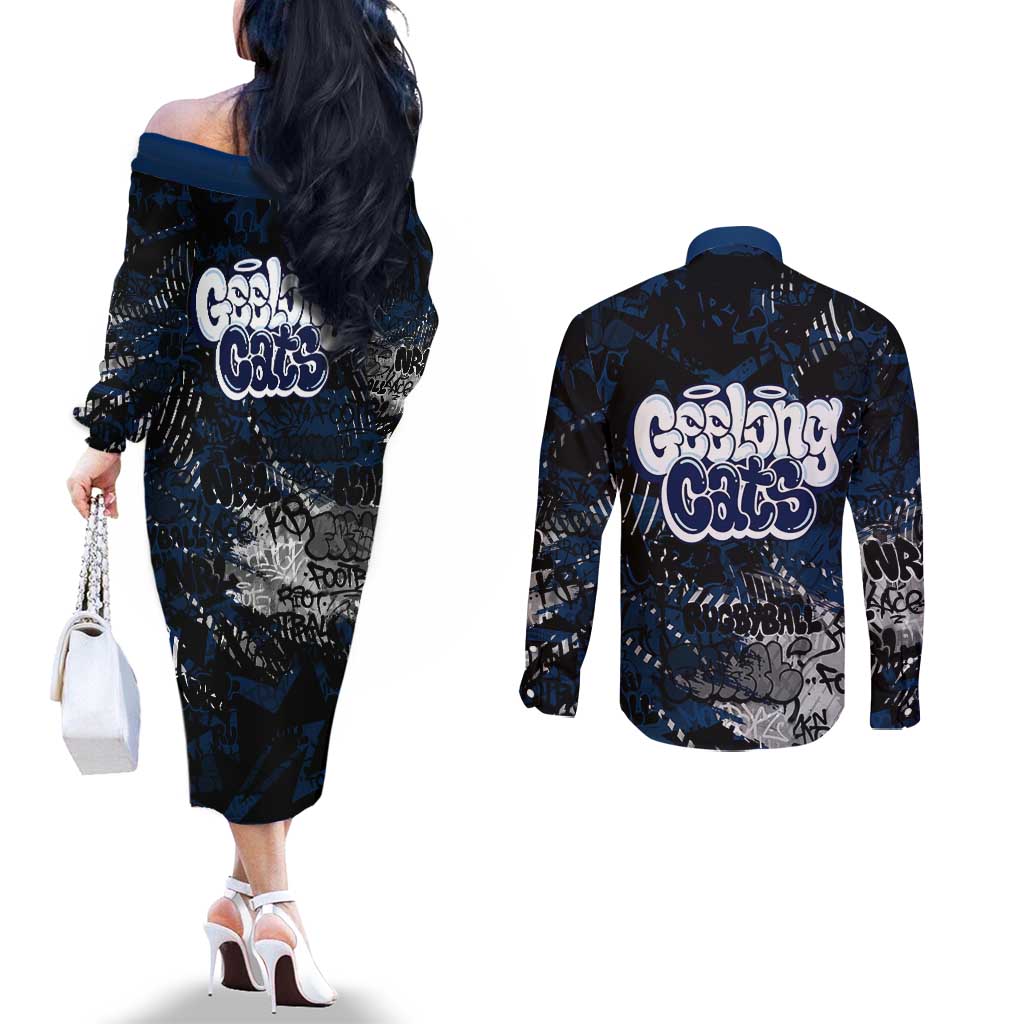 Geelong Cats Couples Matching Off The Shoulder Long Sleeve Dress and Long Sleeve Button Shirt Urban Graffiti Street Art - Bold Abstract Spray Paint