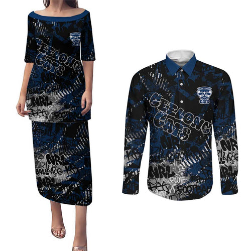 Geelong Cats Couples Matching Puletasi and Long Sleeve Button Shirt Urban Graffiti Street Art - Bold Abstract Spray Paint