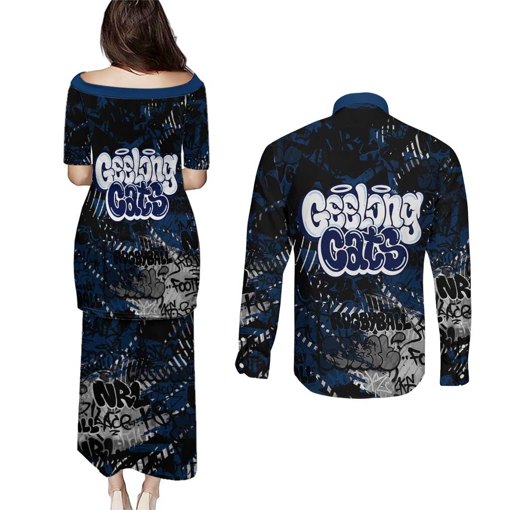 Geelong Cats Couples Matching Puletasi and Long Sleeve Button Shirt Urban Graffiti Street Art - Bold Abstract Spray Paint