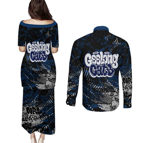 Geelong Cats Couples Matching Puletasi and Long Sleeve Button Shirt Urban Graffiti Street Art - Bold Abstract Spray Paint