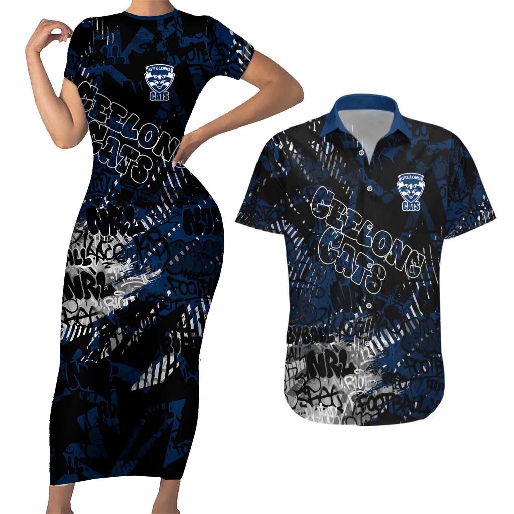 Geelong Cats Couples Matching Short Sleeve Bodycon Dress and Hawaiian Shirt Urban Graffiti Street Art - Bold Abstract Spray Paint