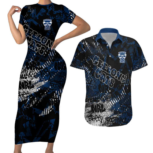 Geelong Cats Couples Matching Short Sleeve Bodycon Dress and Hawaiian Shirt Urban Graffiti Street Art - Bold Abstract Spray Paint