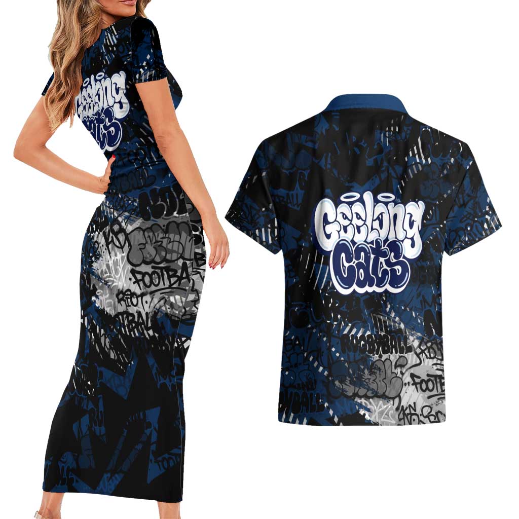 Geelong Cats Couples Matching Short Sleeve Bodycon Dress and Hawaiian Shirt Urban Graffiti Street Art - Bold Abstract Spray Paint