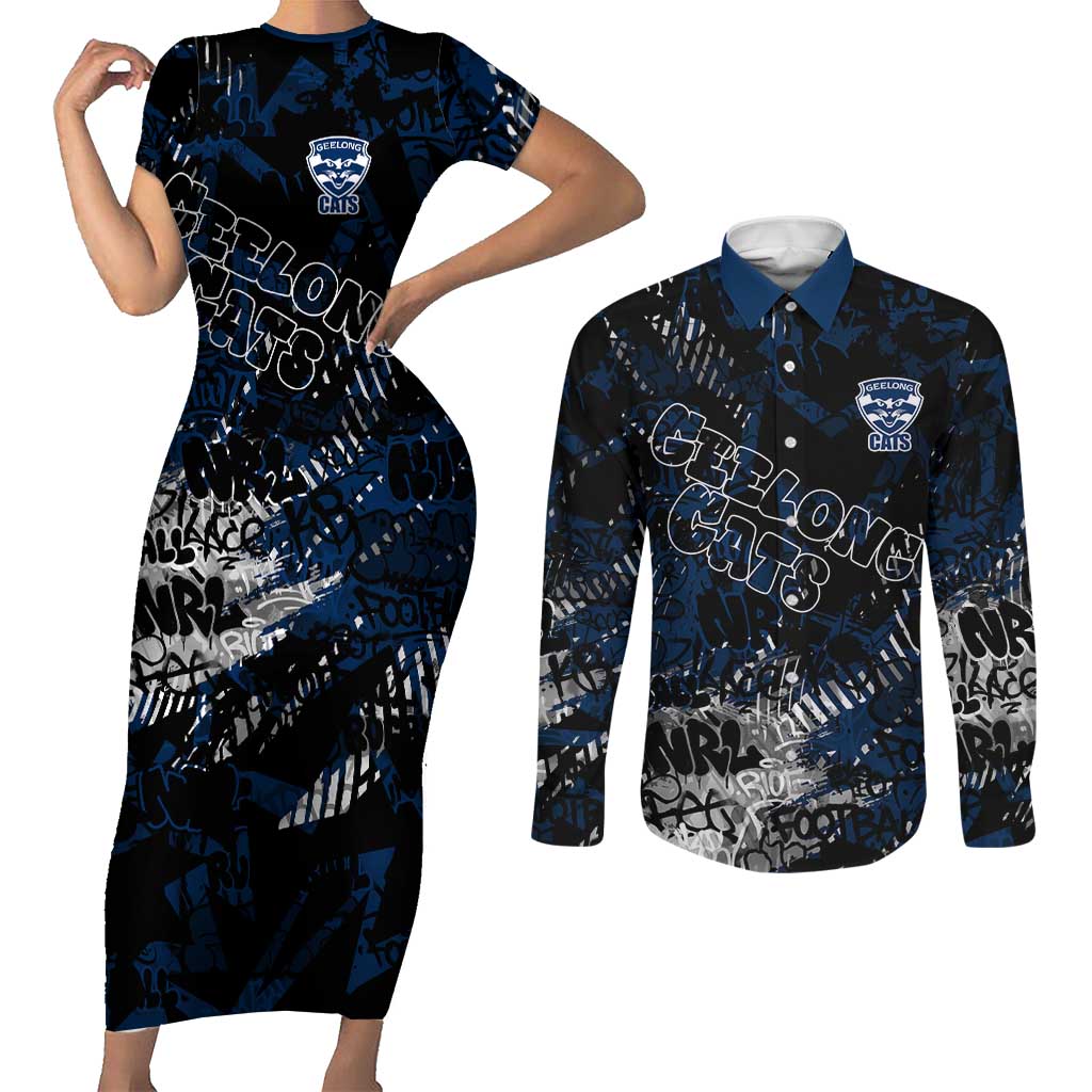 Geelong Cats Couples Matching Short Sleeve Bodycon Dress and Long Sleeve Button Shirt Urban Graffiti Street Art - Bold Abstract Spray Paint