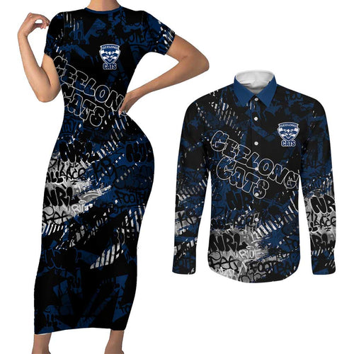 Geelong Cats Couples Matching Short Sleeve Bodycon Dress and Long Sleeve Button Shirt Urban Graffiti Street Art - Bold Abstract Spray Paint