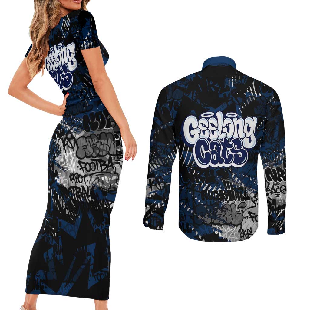Geelong Cats Couples Matching Short Sleeve Bodycon Dress and Long Sleeve Button Shirt Urban Graffiti Street Art - Bold Abstract Spray Paint