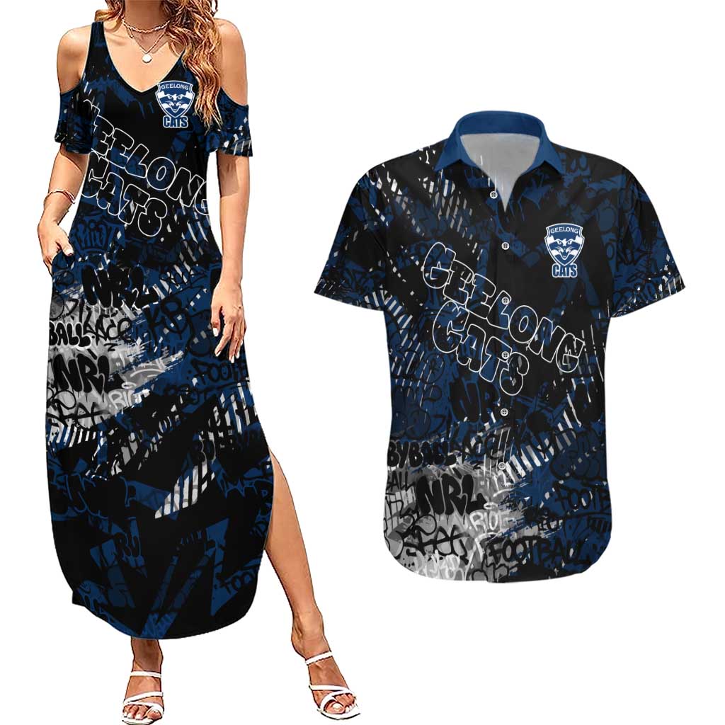 Geelong Cats Couples Matching Summer Maxi Dress and Hawaiian Shirt Urban Graffiti Street Art - Bold Abstract Spray Paint