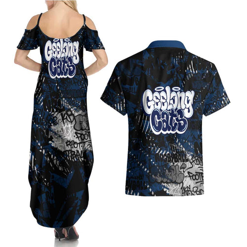 Geelong Cats Couples Matching Summer Maxi Dress and Hawaiian Shirt Urban Graffiti Street Art - Bold Abstract Spray Paint