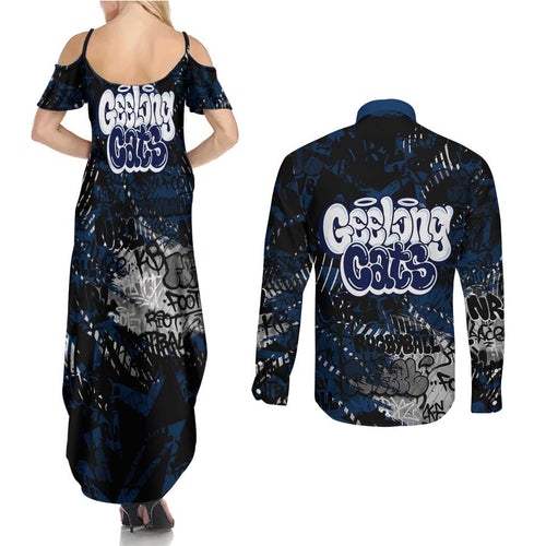 Geelong Cats Couples Matching Summer Maxi Dress and Long Sleeve Button Shirt Urban Graffiti Street Art - Bold Abstract Spray Paint