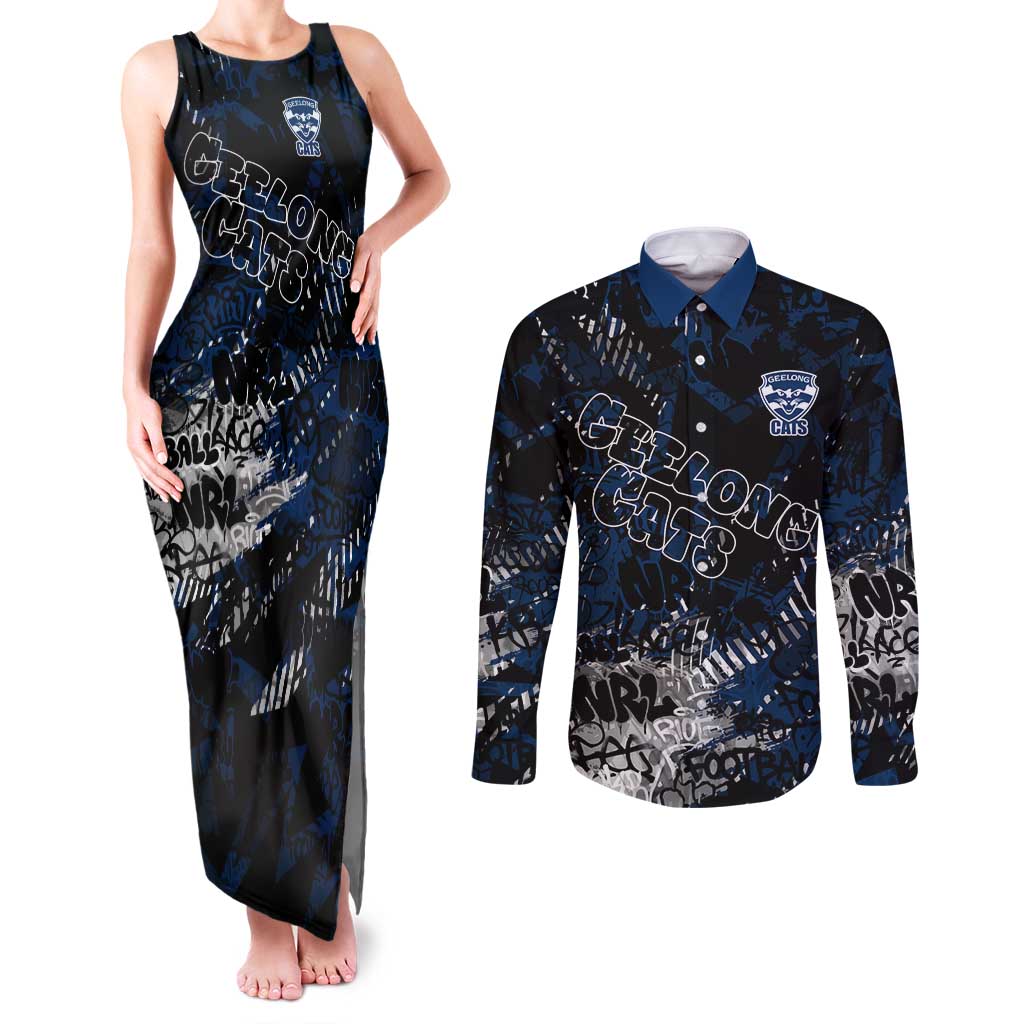 Geelong Cats Couples Matching Tank Maxi Dress and Long Sleeve Button Shirt Urban Graffiti Street Art - Bold Abstract Spray Paint