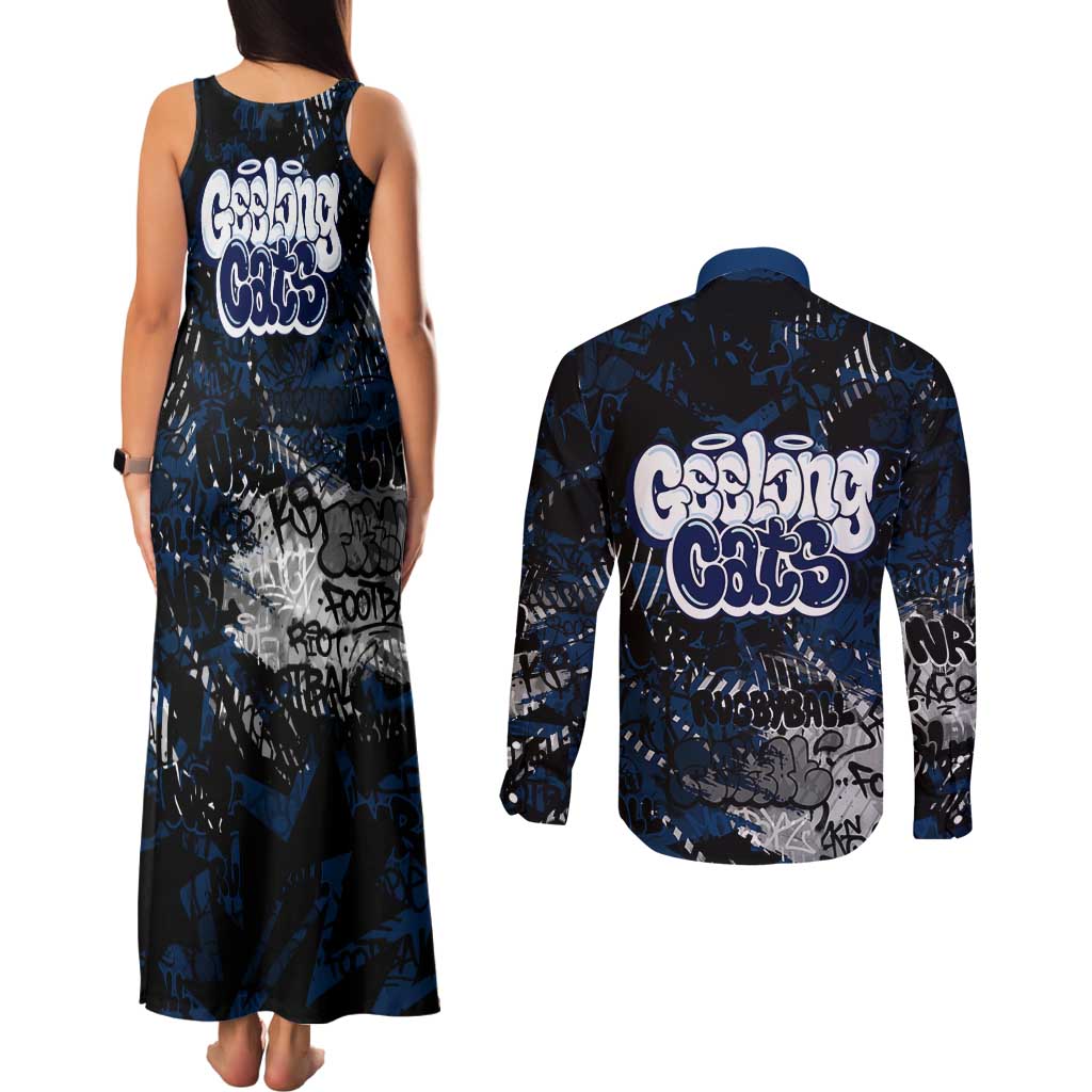 Geelong Cats Couples Matching Tank Maxi Dress and Long Sleeve Button Shirt Urban Graffiti Street Art - Bold Abstract Spray Paint
