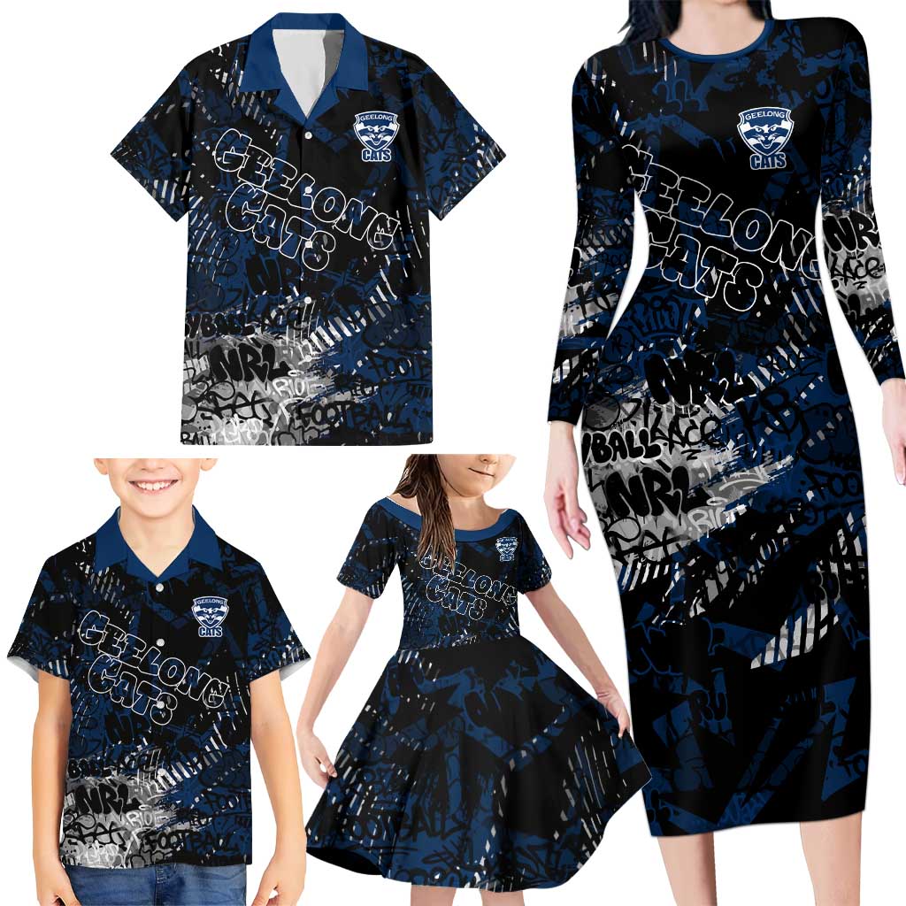 Geelong Cats Family Matching Long Sleeve Bodycon Dress and Hawaiian Shirt Urban Graffiti Street Art - Bold Abstract Spray Paint