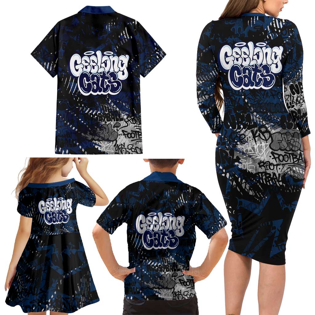 Geelong Cats Family Matching Long Sleeve Bodycon Dress and Hawaiian Shirt Urban Graffiti Street Art - Bold Abstract Spray Paint
