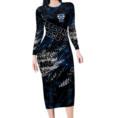Geelong Cats Family Matching Long Sleeve Bodycon Dress and Hawaiian Shirt Urban Graffiti Street Art - Bold Abstract Spray Paint