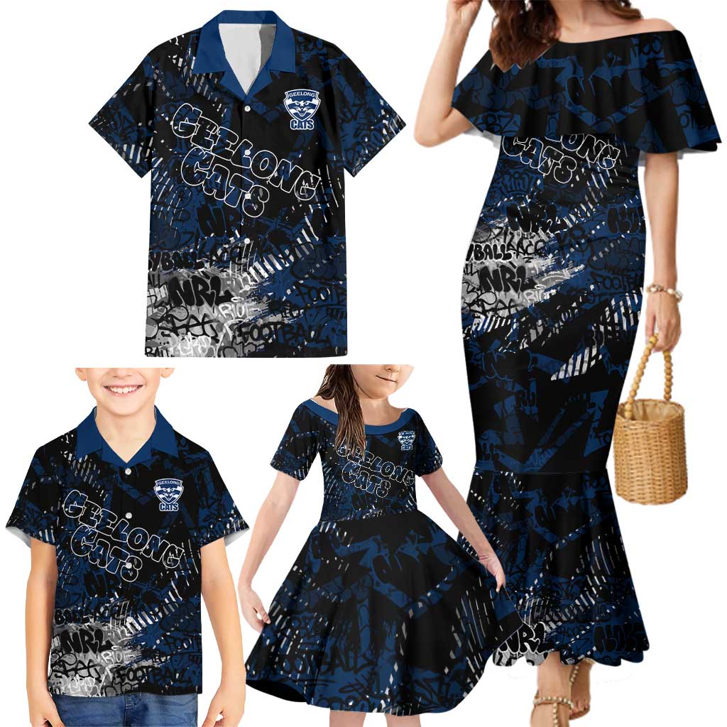 Geelong Cats Family Matching Mermaid Dress and Hawaiian Shirt Urban Graffiti Street Art - Bold Abstract Spray Paint