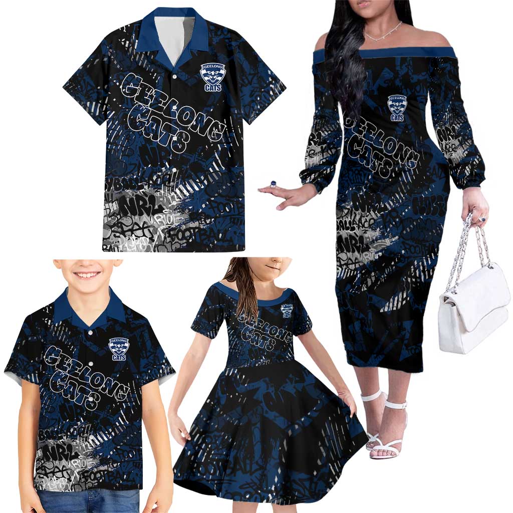 Geelong Cats Family Matching Off The Shoulder Long Sleeve Dress and Hawaiian Shirt Urban Graffiti Street Art - Bold Abstract Spray Paint
