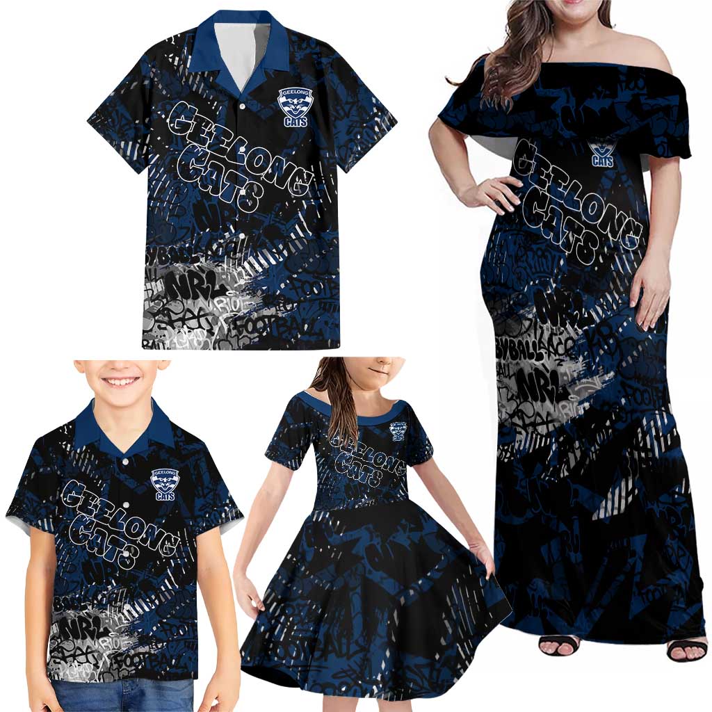 Geelong Cats Family Matching Off Shoulder Maxi Dress and Hawaiian Shirt Urban Graffiti Street Art - Bold Abstract Spray Paint
