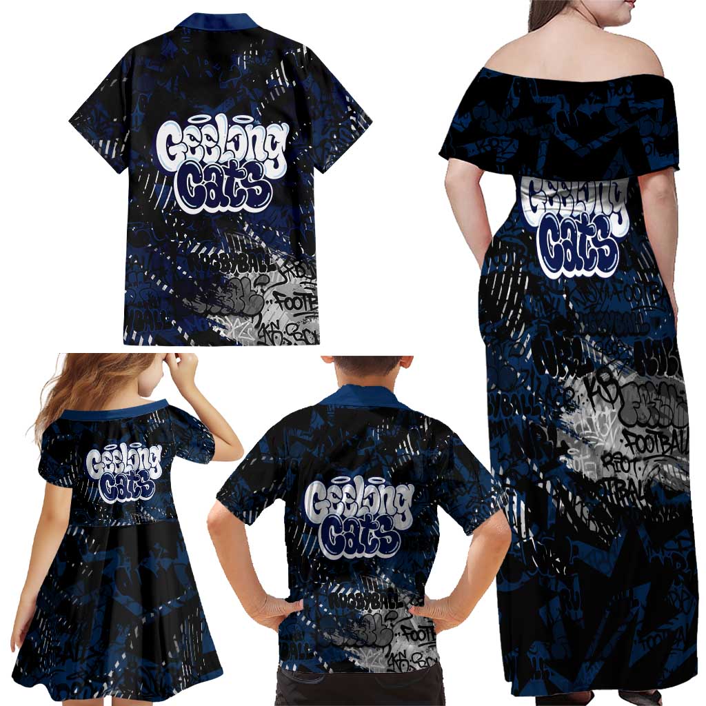 Geelong Cats Family Matching Off Shoulder Maxi Dress and Hawaiian Shirt Urban Graffiti Street Art - Bold Abstract Spray Paint