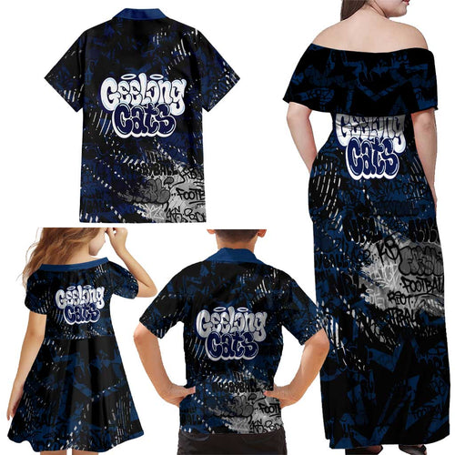 Geelong Cats Family Matching Off Shoulder Maxi Dress and Hawaiian Shirt Urban Graffiti Street Art - Bold Abstract Spray Paint