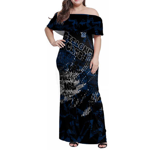 Geelong Cats Family Matching Off Shoulder Maxi Dress and Hawaiian Shirt Urban Graffiti Street Art - Bold Abstract Spray Paint