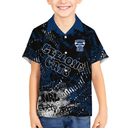 Geelong Cats Family Matching Off Shoulder Maxi Dress and Hawaiian Shirt Urban Graffiti Street Art - Bold Abstract Spray Paint