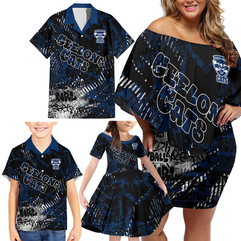 Geelong Cats Family Matching Off Shoulder Short Dress and Hawaiian Shirt Urban Graffiti Street Art - Bold Abstract Spray Paint