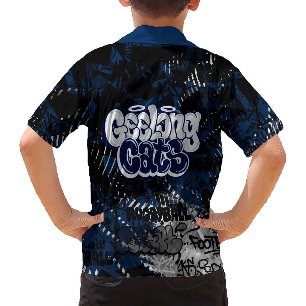 Geelong Cats Family Matching Off Shoulder Short Dress and Hawaiian Shirt Urban Graffiti Street Art - Bold Abstract Spray Paint