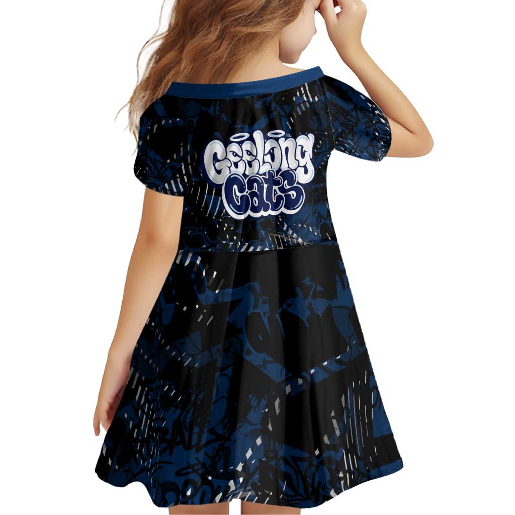 Geelong Cats Family Matching Off Shoulder Short Dress and Hawaiian Shirt Urban Graffiti Street Art - Bold Abstract Spray Paint