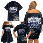 Geelong Cats Family Matching Off Shoulder Short Dress and Hawaiian Shirt Urban Graffiti Street Art - Bold Abstract Spray Paint