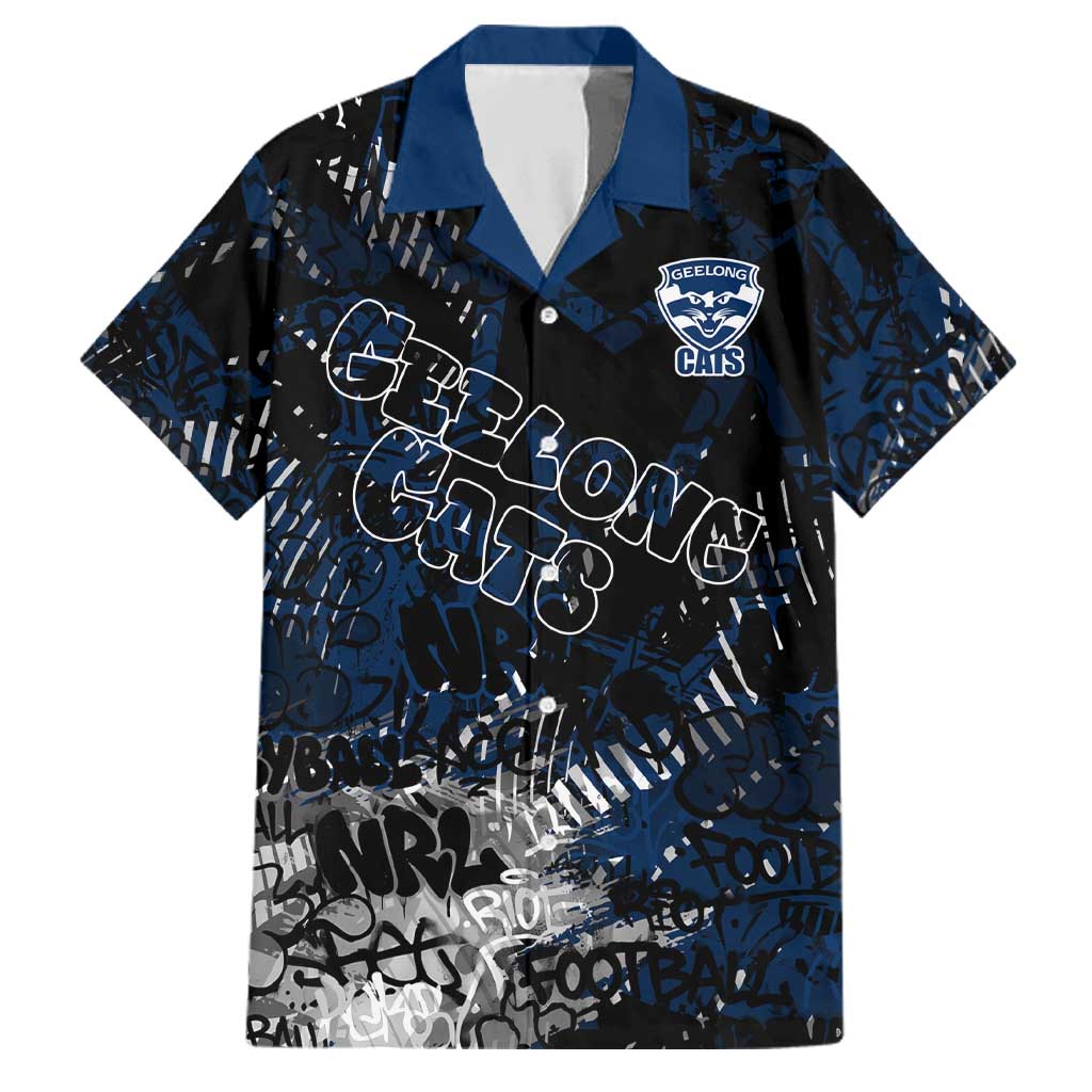 Geelong Cats Family Matching Off Shoulder Short Dress and Hawaiian Shirt Urban Graffiti Street Art - Bold Abstract Spray Paint