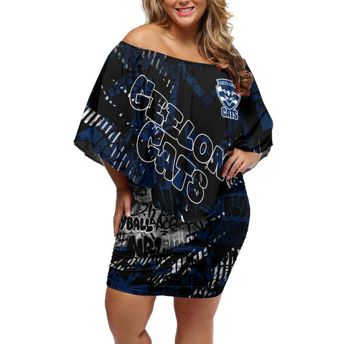 Geelong Cats Family Matching Off Shoulder Short Dress and Hawaiian Shirt Urban Graffiti Street Art - Bold Abstract Spray Paint