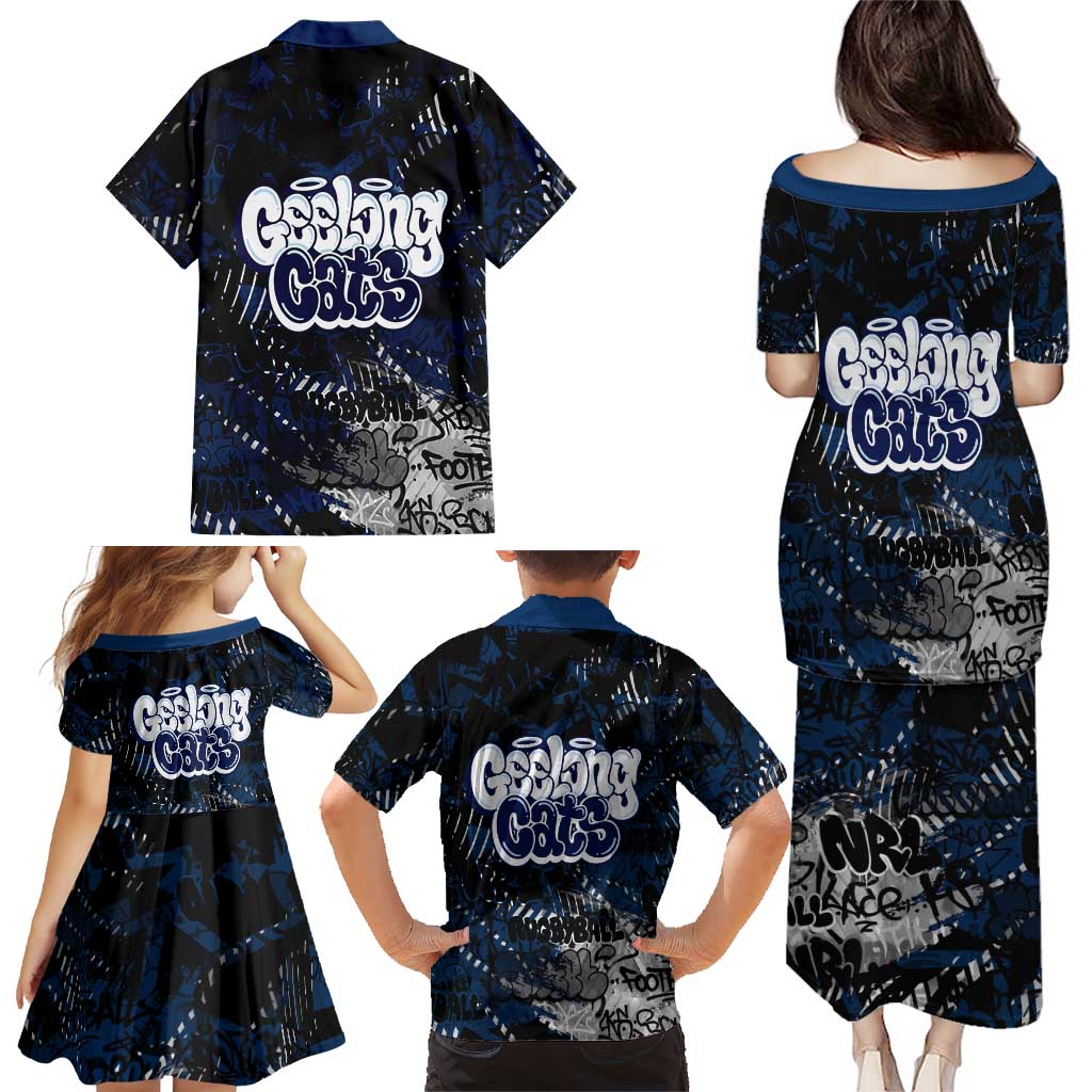 Geelong Cats Family Matching Puletasi and Hawaiian Shirt Urban Graffiti Street Art - Bold Abstract Spray Paint