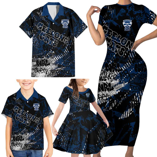 Geelong Cats Family Matching Short Sleeve Bodycon Dress and Hawaiian Shirt Urban Graffiti Street Art - Bold Abstract Spray Paint