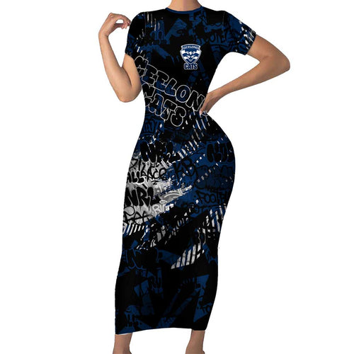 Geelong Cats Family Matching Short Sleeve Bodycon Dress and Hawaiian Shirt Urban Graffiti Street Art - Bold Abstract Spray Paint