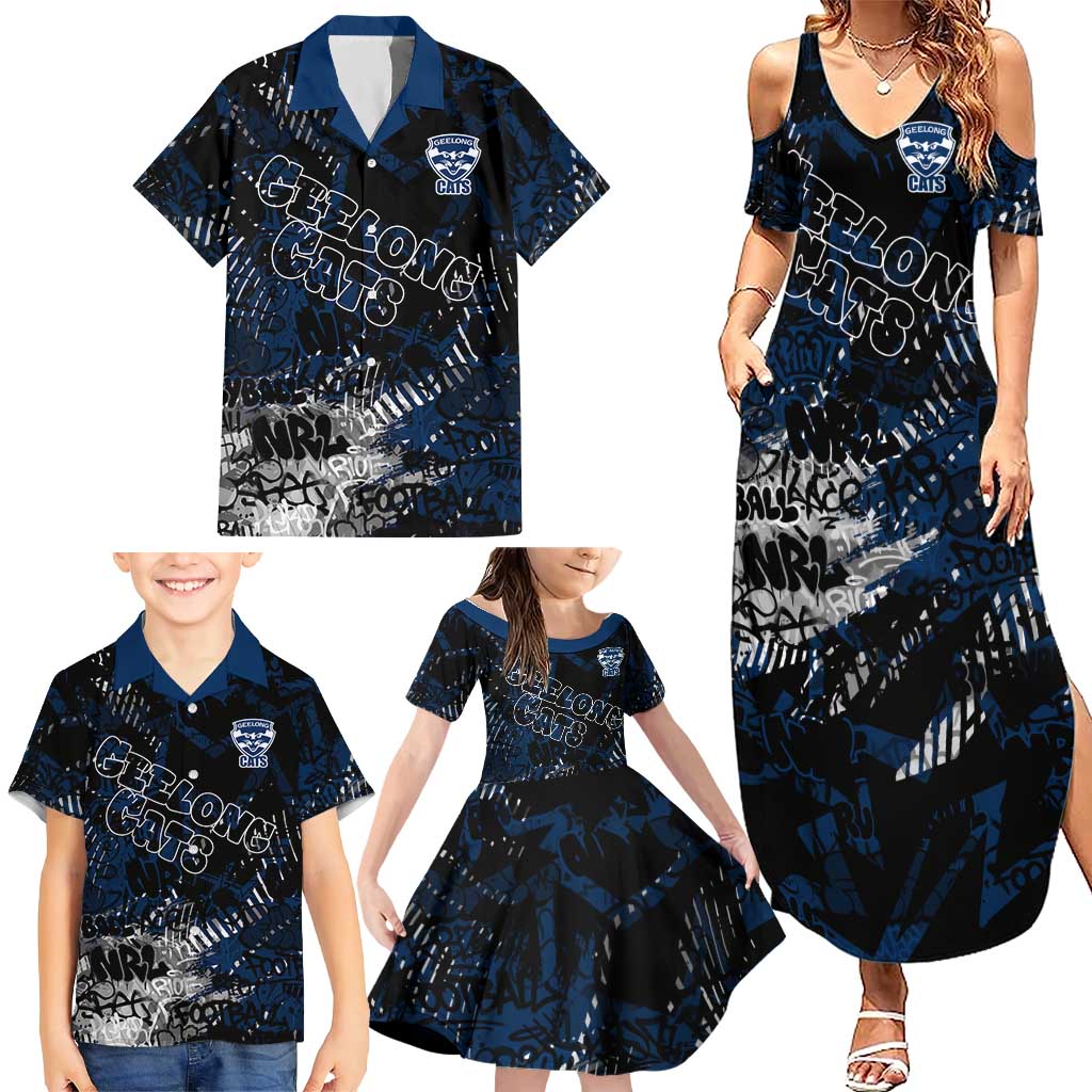 Geelong Cats Family Matching Summer Maxi Dress and Hawaiian Shirt Urban Graffiti Street Art - Bold Abstract Spray Paint