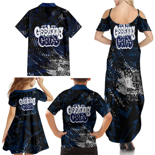 Geelong Cats Family Matching Summer Maxi Dress and Hawaiian Shirt Urban Graffiti Street Art - Bold Abstract Spray Paint