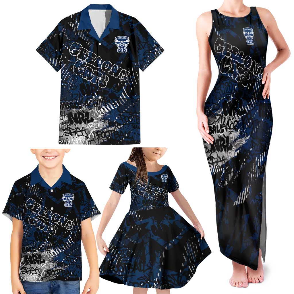 Geelong Cats Family Matching Tank Maxi Dress and Hawaiian Shirt Urban Graffiti Street Art - Bold Abstract Spray Paint