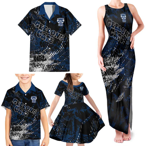 Geelong Cats Family Matching Tank Maxi Dress and Hawaiian Shirt Urban Graffiti Street Art - Bold Abstract Spray Paint