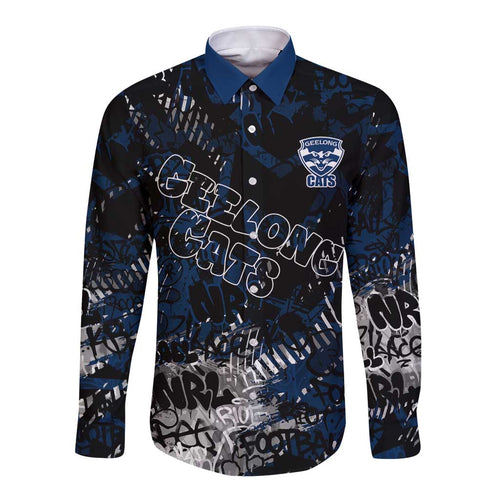 Geelong Cats Long Sleeve Button Shirt Urban Graffiti Street Art - Bold Abstract Spray Paint