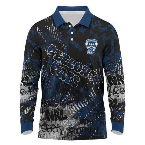 Geelong Cats Long Sleeve Polo Shirt Urban Graffiti Street Art - Bold Abstract Spray Paint
