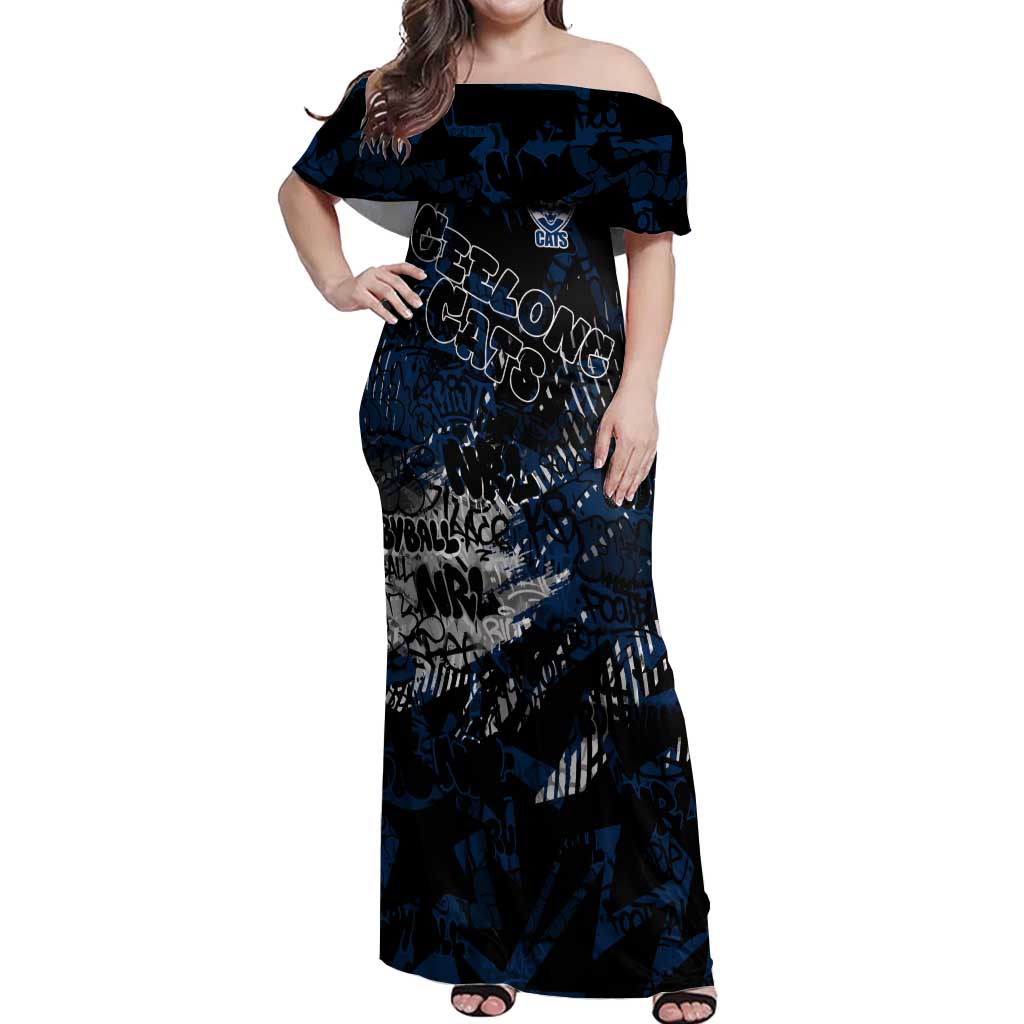 Geelong Cats Off Shoulder Maxi Dress Urban Graffiti Street Art - Bold Abstract Spray Paint