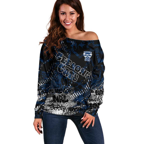 Geelong Cats Off Shoulder Sweater Urban Graffiti Street Art - Bold Abstract Spray Paint