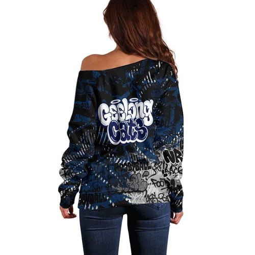 Geelong Cats Off Shoulder Sweater Urban Graffiti Street Art - Bold Abstract Spray Paint