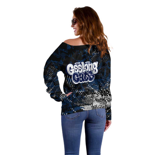 Geelong Cats Off Shoulder Sweater Urban Graffiti Street Art - Bold Abstract Spray Paint